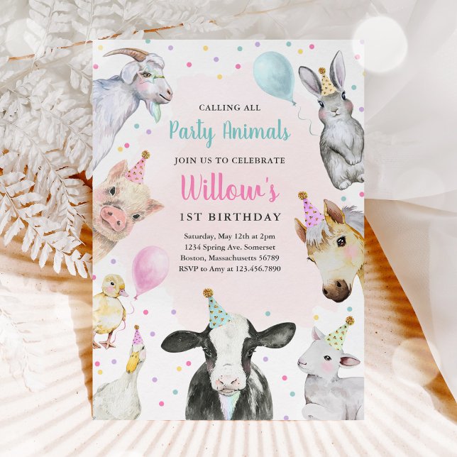 Convite Festa de aniversário de quintal rosa de animais de (Criador carregado)
