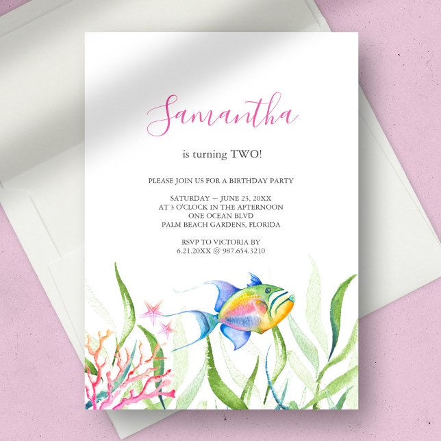 Convite Festa de aniversário De Rapariga De Peixe Tropical (birthday party invitation girl tropical fish watercolor )