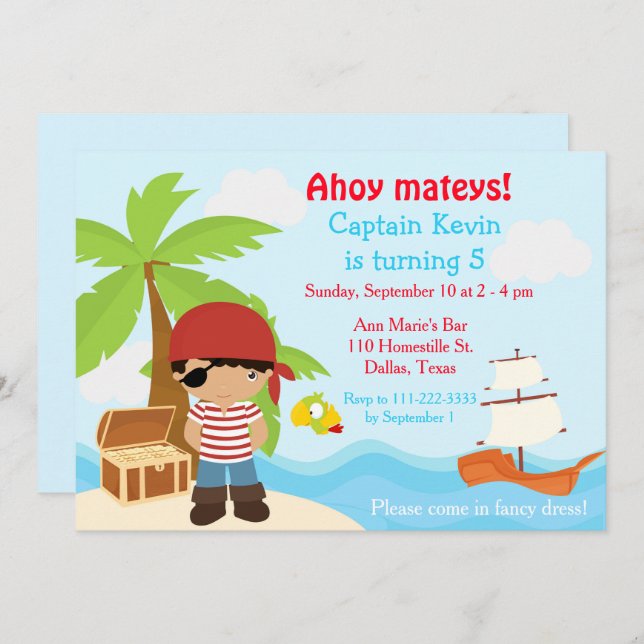 Convite Festa de aniversário de Rapaz Pirata da América Cu (Frente/Verso)