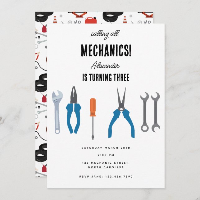 Convite Festa de aniversário de Rapazes com Ferramentas Au (Frente/Verso)