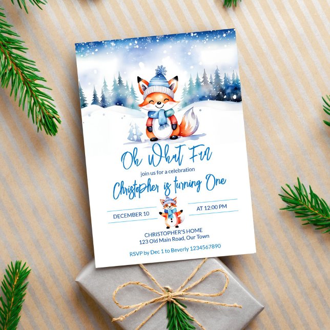 Convite Festa de aniversário de raposa fofa de inverno (Winter onderland cute fox birthday editable template invitation digital download watercolor forest)