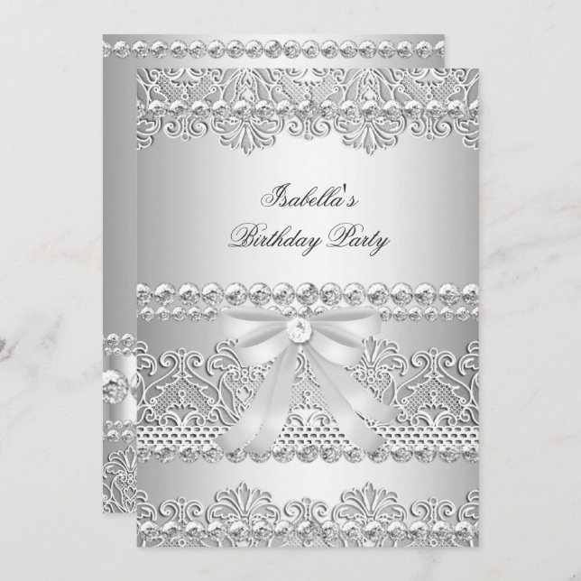 Convite Festa de aniversário de rendas brancas do diamante (Frente/Verso)