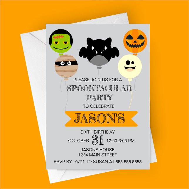 Convite Festa de aniversário de Reprodução dos Balões de H (Halloween Balloons Birthday Party Invitation | Zombie, Bat, Mummy, Pumpkin, Ghost Balloons)