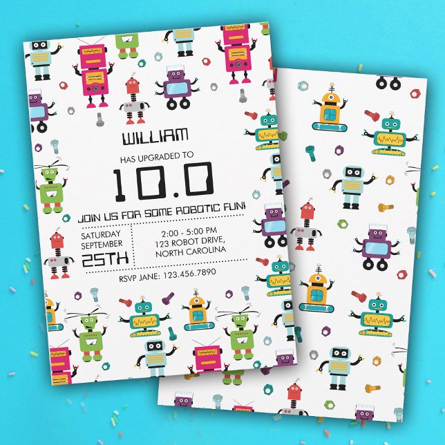 Convite Festa de aniversário de robôs coloridos (Cute Colorful Robot Kids Robots Birthday Party Invitation)