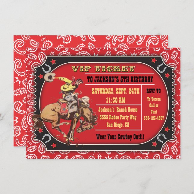 Convite Festa de aniversário de Rodeio Western Cowboy (Frente/Verso)