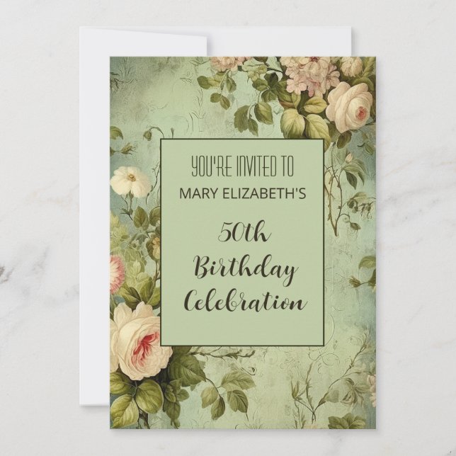 Convite Festa de aniversário de Rosa Branco Greenery (Frente)