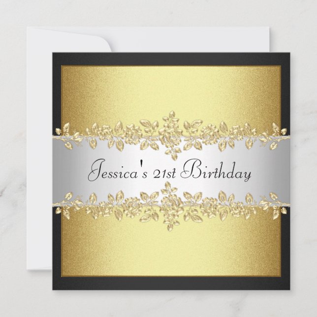 Convite Festa de aniversário de Rosas Dourados, preto e br (Frente)