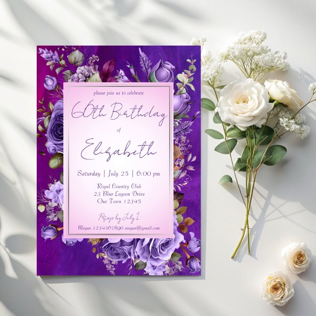Convite Festa de aniversário de rosas roxas Elegante (Elegant purple lilac roses adults birthday party invitation cards template floral party invitations)