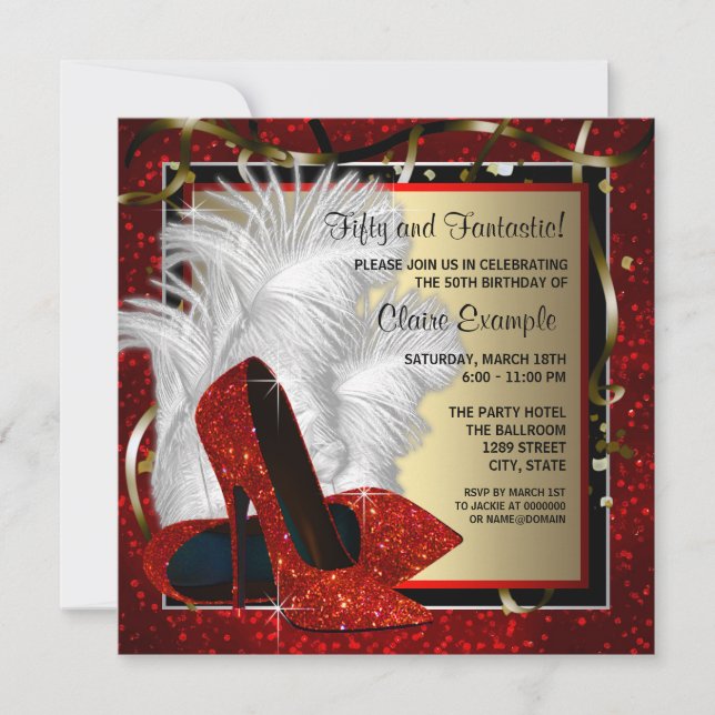 Convite Festa de aniversário de saltos altos, preto e verm (Frente)