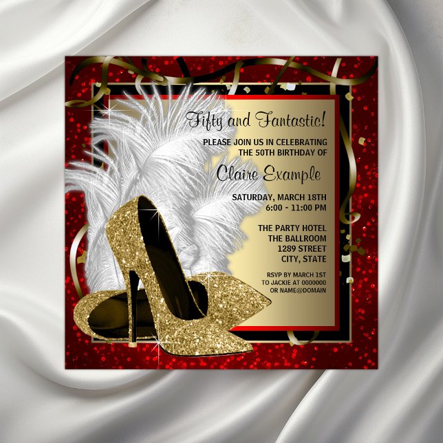 Convite Festa de aniversário de saltos altos preto e verme (Elegant red and gold any number or event invitation. Simply add your event details.)