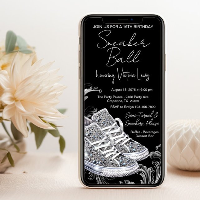 Convite Festa de Aniversário de Sapato de Diamante de Celu (Smartphone sneaker ball invitation. You can change the background color, wording, font, font color.)