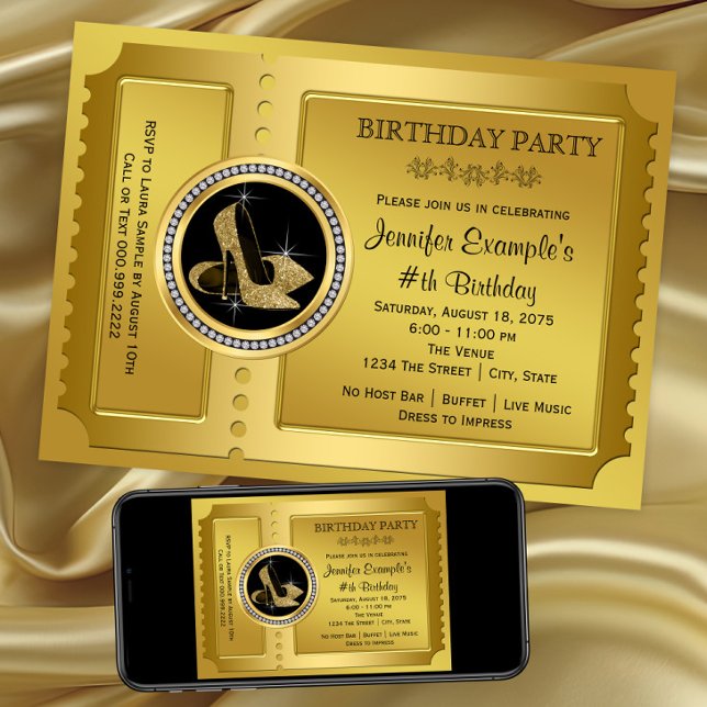 Convite Festa de Aniversário de Sapato de Salto Alto Doura (Gold high heel shoe invitation. Any event. Digital download and printed invitations available)