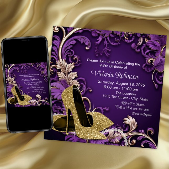 Convite Festa de Aniversário de Sapato Dourado Roxo de Mul (Purple gold shoe any event invitation. Instant download and printed invitations available.)
