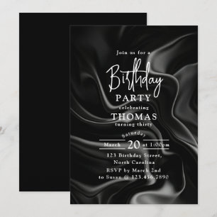Convite Festa de Aniversário de Seda Preta e Branca Modern