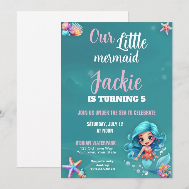 Convite Festa de aniversário de Sereia Bonita e Colorida (Frente/Verso)
