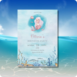 Convite Festa de Aniversário de Sereia em Aquarela