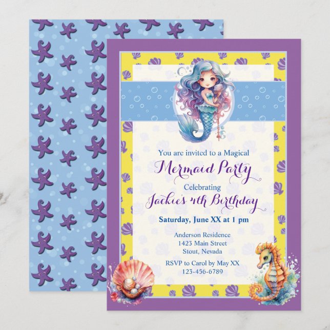 Convite Festa de aniversário de Sereia Mágica Colorida (Frente/Verso)