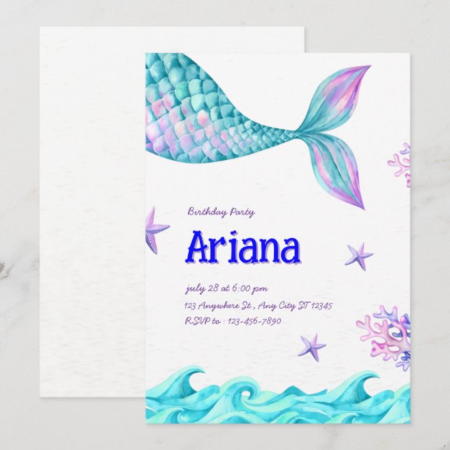 Convite Festa de aniversário de Sereia Mínima Azul e Roxa (Frente/Verso)