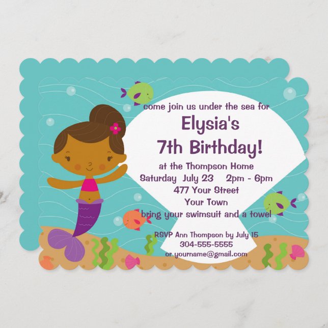 Convite Festa de aniversário de Sereia para Crianças Perso (Frente/Verso)
