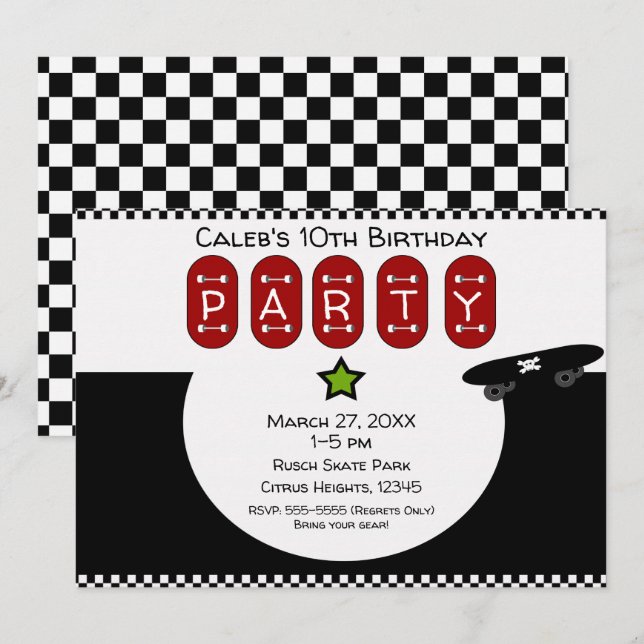 Convite Festa de Aniversário de Skate Half Pipe Skateboard (Frente/Verso)