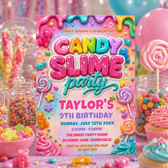 Convite Festa de Aniversário de Slime de Doces com Brilho  (Rainbow Glitter Candy Slime Birthday Party Invitation)