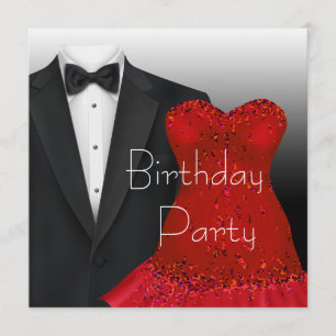 Convite Festa de Aniversário de Smoking Preto e Vestido Ve