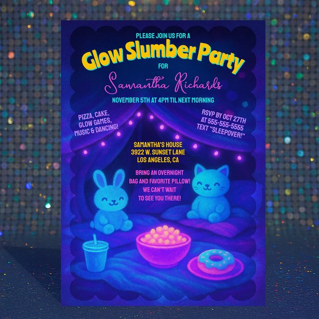 Convite Festa de aniversário de sondagem de Neon com brilh (Cute Plush Glow Neon Slumber Birthday Party Invitation)