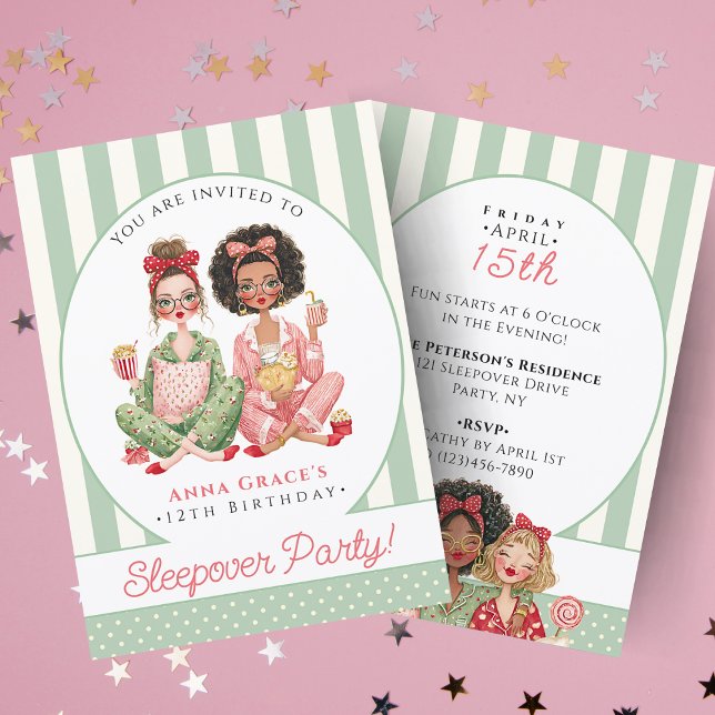 Convite Festa de Aniversário de Sono das Meninas Rosa na M (Chic Mint Stripe Girls Sleepover Birthday Invitation
)