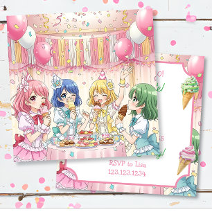 Convite Festa de Aniversário de Sorvete de Menina de Anime