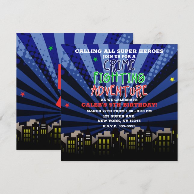 Convite Festa de Aniversário de Super Herói de Aventura de (Frente/Verso)
