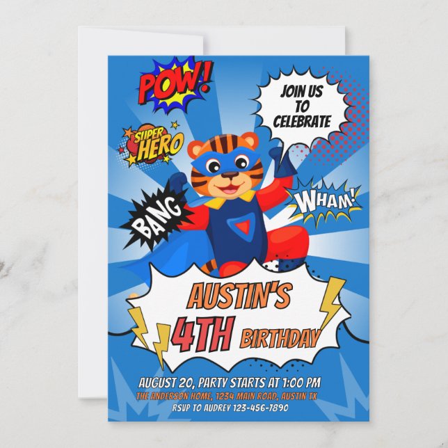 Convite Festa de aniversário de Super-Herói Tiger (Frente)