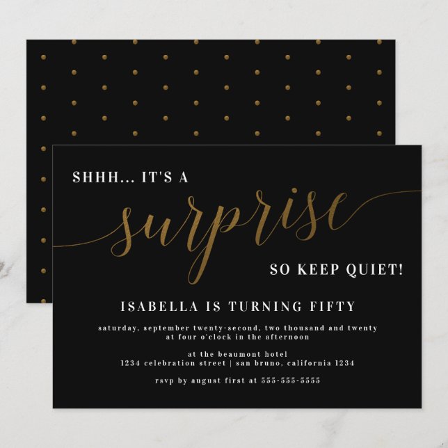 Convite Festa de aniversário de Surpresa de Script Dourado (Frente/Verso)