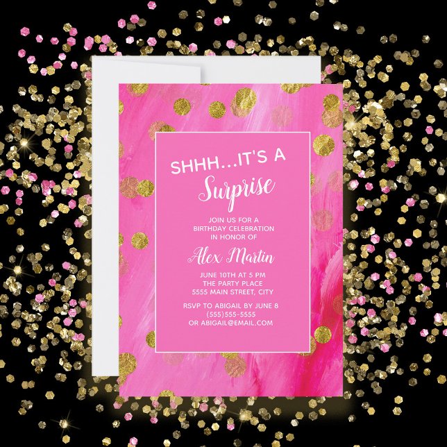 Convite Festa de aniversário de Surpresa Dourada Rosa (Hot pink with gold glitter surprise birthday party invitation)