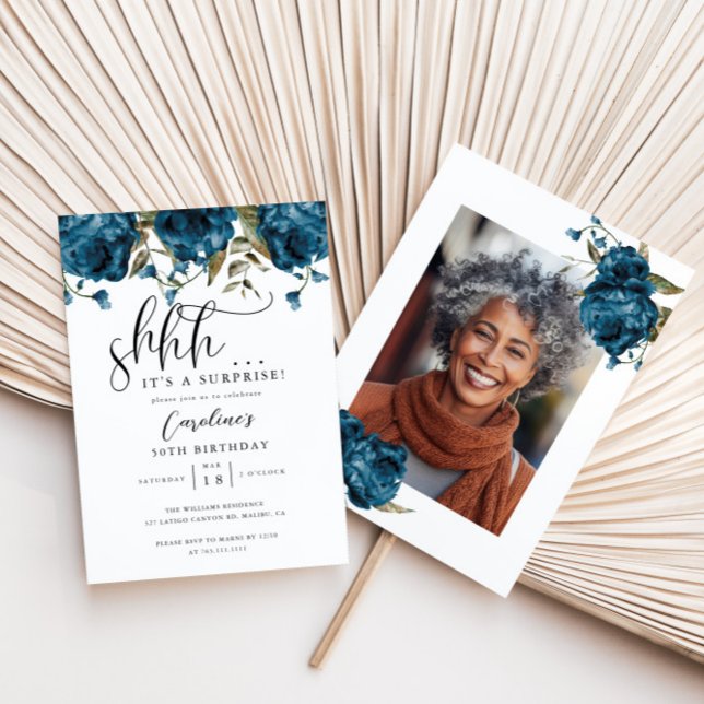 Convite Festa de aniversário de Surpresa Floral marinho Az (Criador carregado)