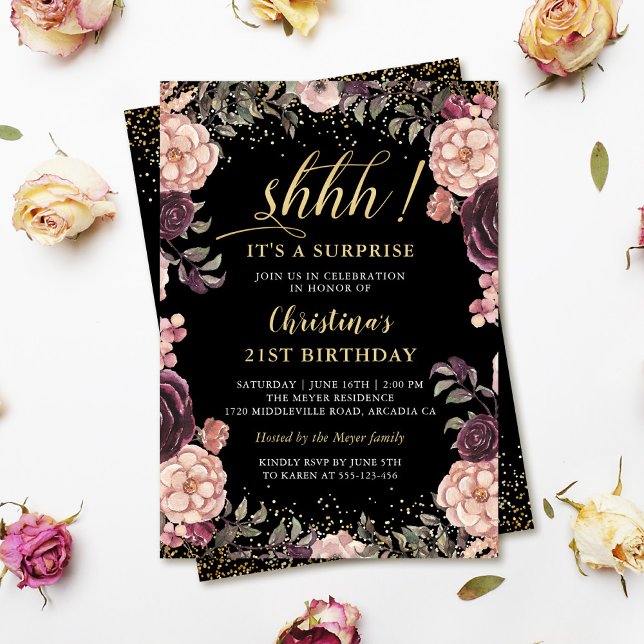 Convite Festa de aniversário de Surpresa Rosa Floral Rosa  (Criador carregado)