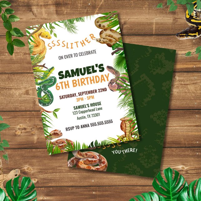 Convite Festa de aniversário de Tema cobras (Snake Birthday Invitation for Kids | Reptile Party Printable | Editable Jungle Theme Invite)