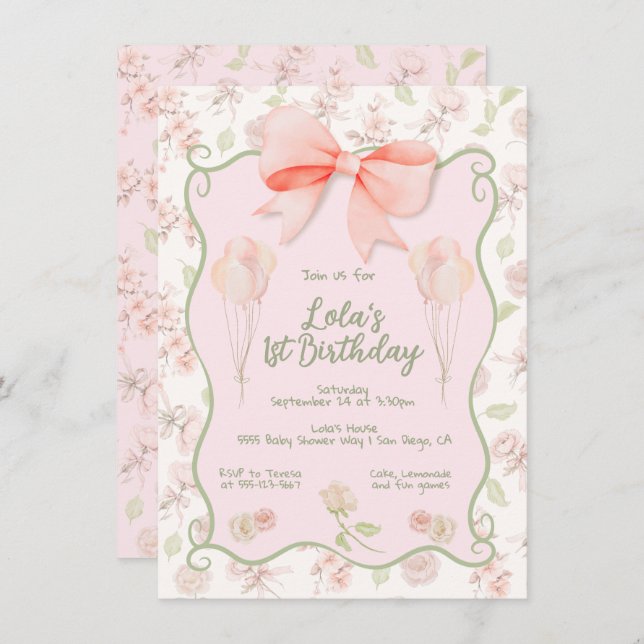 Convite Festa de aniversário de Toile Arco Rosa Coquette (Frente/Verso)