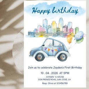 Convite Festa de Aniversário de Um Ano com Carro Fofo e Ba