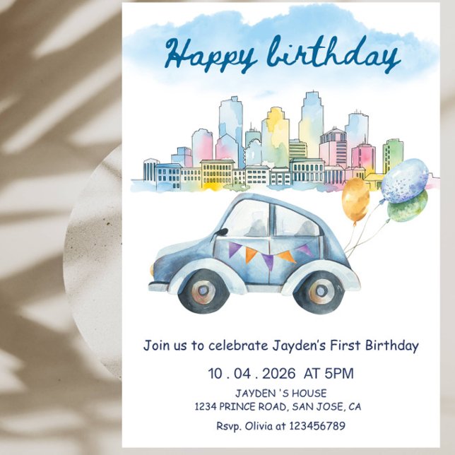 Convite Festa de Aniversário de Um Ano com Carro Fofo e Ba (Criador carregado)