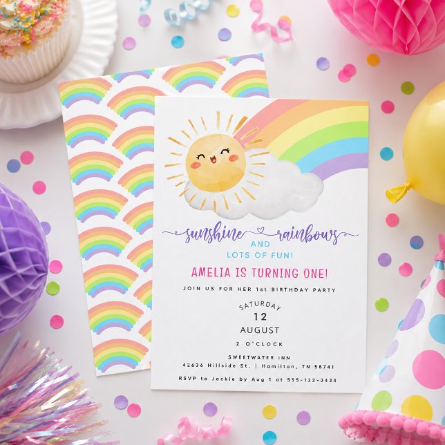 Convite Festa de Aniversário de Um Ano com Sol e Arco-íris (Sunshine and Rainbows First Birthday Party Invitation)