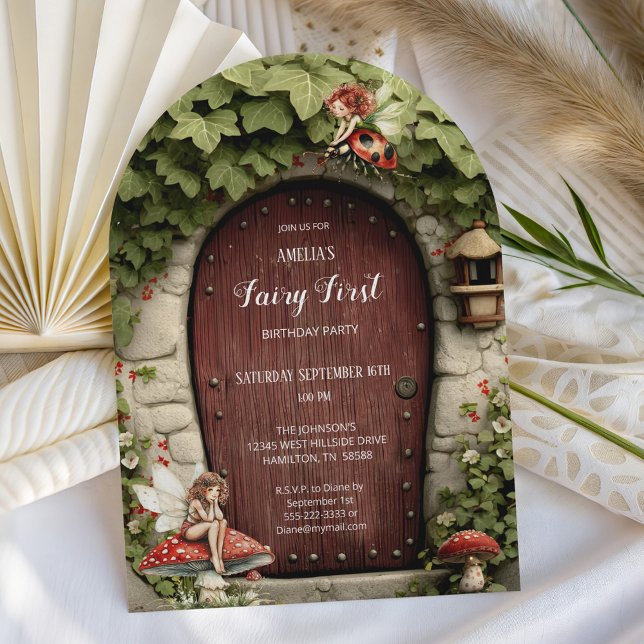Convite Festa de Aniversário de Um Ano da Fada Cogumelo (Mushroom and Fairy Door  Fairy First Birthday Party Invitation)