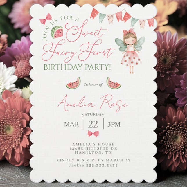Convite Festa de Aniversário de Um Ano da Fada Doce Melanc (Watermelon Sweet Fairy First Birthday Party Invitation)