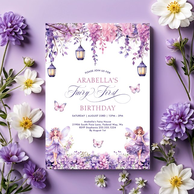 Convite Festa de Aniversário de Um Ano da Fada Roxa Capric (Lilac Floral Fairy First 1st Birthday Party Invitation)
