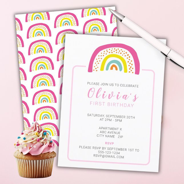Convite Festa de Aniversário de Um Ano das Meninas Arco-Ír (Colorful Rainbow Girls Birthday party invitation with rainbow pattern to reverse. )