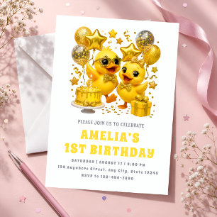 Convite Festa de Aniversário de Um Ano de Luxo Amarelo
