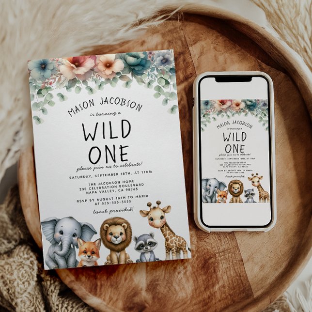 Convite Festa de Aniversário de Um Ano do Menino Animais S (Criador carregado)