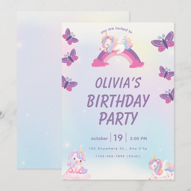 Convite Festa de Aniversário de Unicórnio  (Frente/Verso)