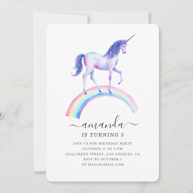 Convite Festa de aniversário de unicórnio de aquarela. Men (Frente)