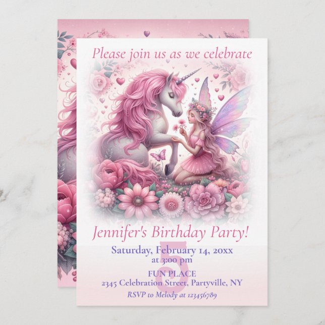 Convite Festa de aniversário de Unicórnio e Fada (Frente/Verso)