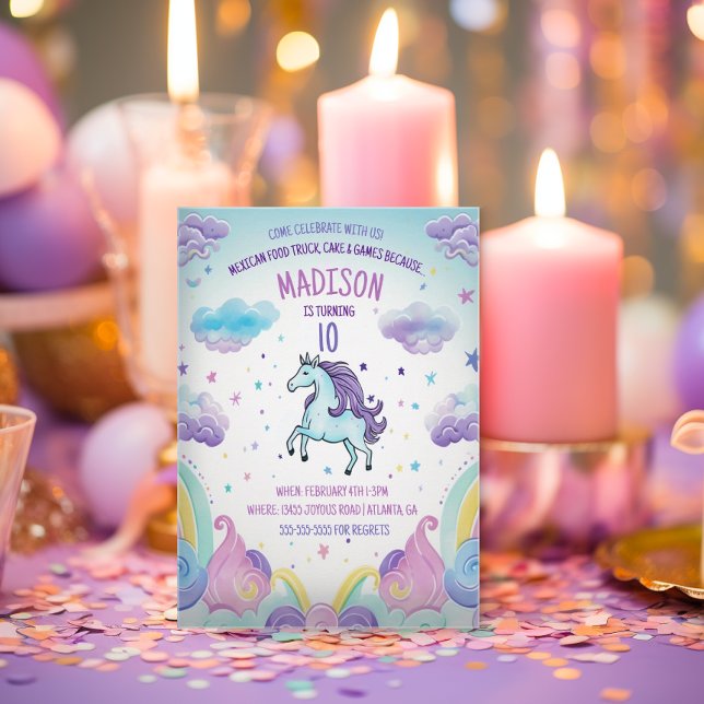 Convite Festa de aniversário de Unicórnio Mágico Azul e Ro (Cute Unicorn Invitation)